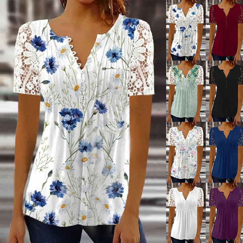 Womens Plus Size Tee Lace V-Neck Tops T-Shirts Short Sleeve Casual Blouse T