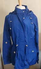 JC Weatherproof blue utility rain zip snap hooded jacket roll tab sleeves pocket