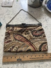 ANTIQUE FLORAL TAPESTRY CARPET BAG PURSE FOLDING METAL FRAME CHAIN HANDLE