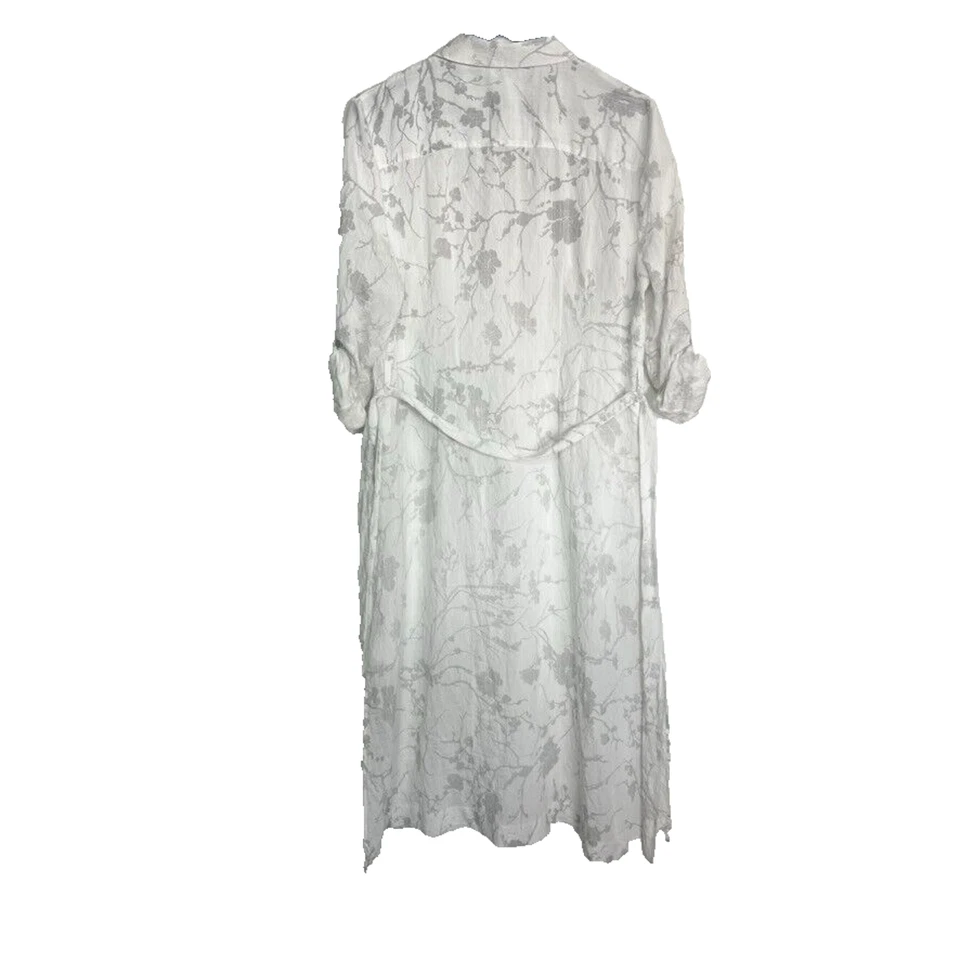 Tahari Shirt Dress L Semi Sheer Button Midi Floral Slit Hem Belted Long Sleeve - Image 4 of 4