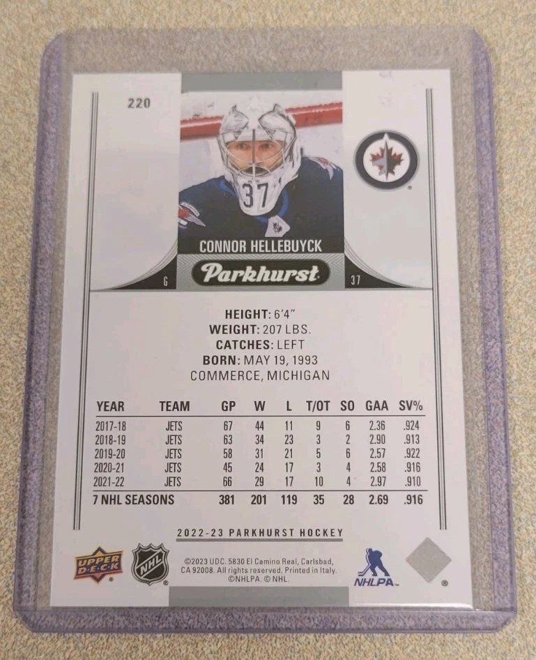 CONNOR HELLEBUYCK 2022-23 PARKHURST HOCKEY EMERALD ICE PARALLEL SP/10 #220 JETS - Image 2 of 2