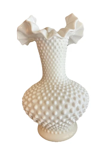 Vintage Fenton Hobnail Ruffled Crimped White Milk Glass Vase 11"