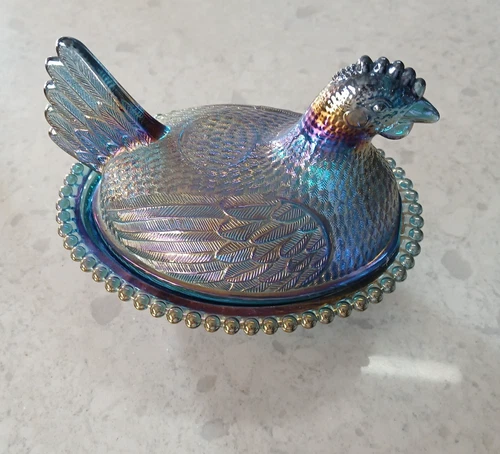 Vintage Blue Iridescent Hen On Nest ~ Mint Condition