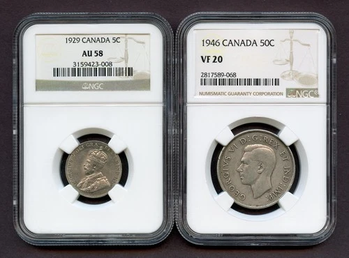 Lot of Two - Canada 1929 Nickel NGC AU 58 - Canada 1946 Half Dollar NGC VF 20