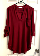 Lush  Burgundy Everyday Chiffon Blouse Roll T...