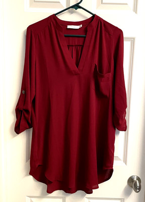 Lush  Burgundy Everyday Chiffon Blouse Roll Tab 3/4 Sleeve V Neck Medium