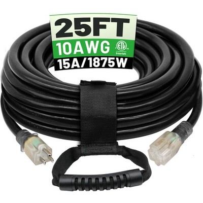 POWGRN 25 Ft 10AWG Black Outdoor Extension Cord Waterproof Heavy 25FT,