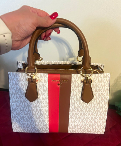 Michael Kors Logo Pattern Zip Medium Satchel White/Brown Gold Hardware Det Strap