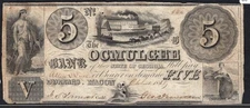 1838 $5 Obsolete Currency- The Ocmulgee Bank Macon, Georgia