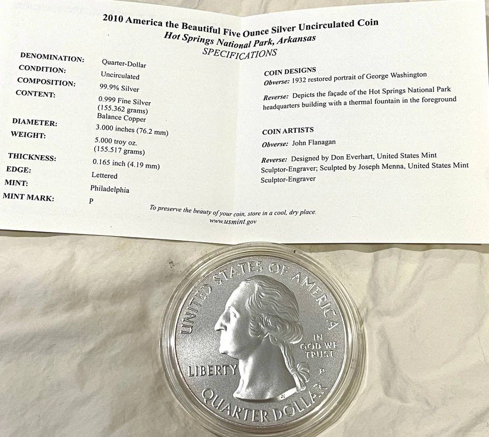 Superb ~2010-P 5 oz Silver ATB Hot Springs National Park, AR (w/ Box and COA) - Image 4 of 4