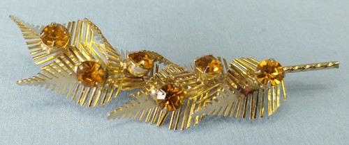 Vintage Leaf Spray Pin Brooch Amber Rhinestones Gold Tone - Picture 2 of 12
