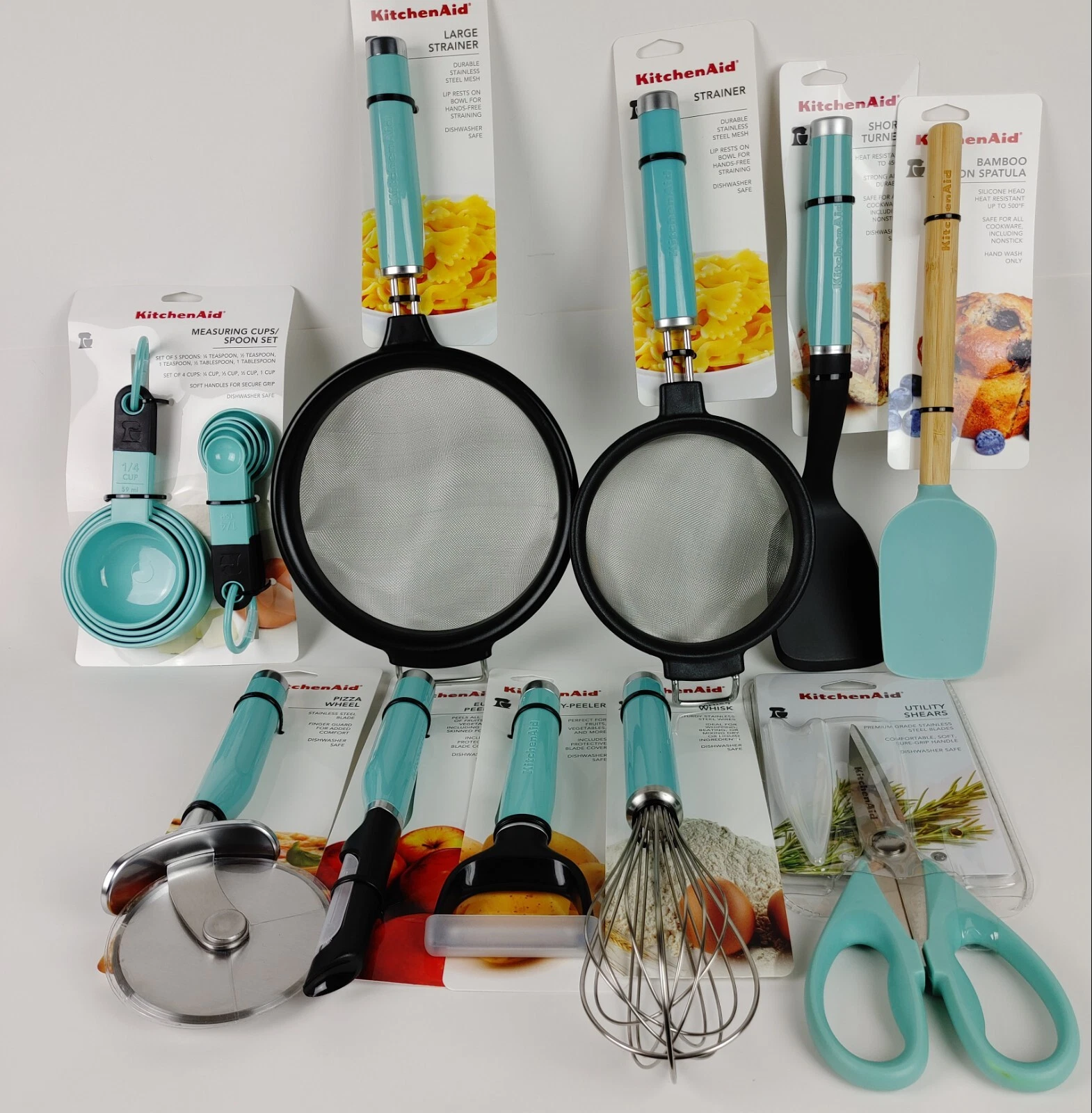 Set of 18 KitchenAid Aqua Sky Measuring/Spoons Spatulas Whisk Peeler Pizza HAQA