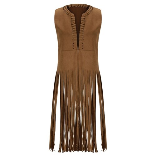 Sleeveless Faux Suedes Vest for Women Fringe Tassels Long Cardigan Cowgirl Tops - Picture 12 of 26