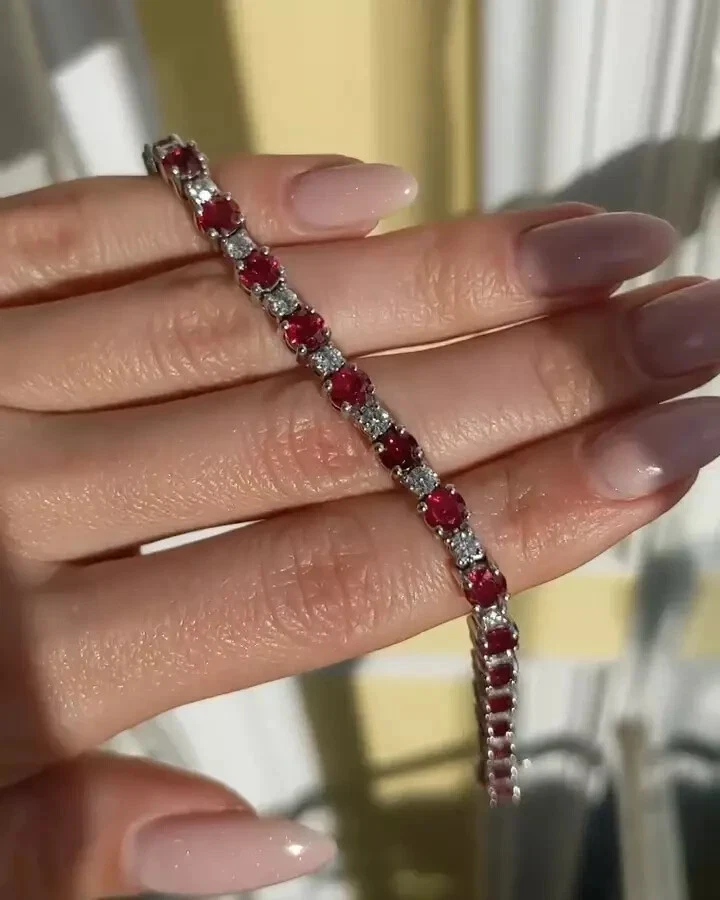 9.48 Ct Round Natural Red Ruby Diamond Link Tennis Bracelet 18K Real White Gold - Image 2 of 4