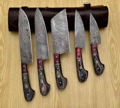 Handgemachtes Damaststahl-Kochmesser-Set 5-tlg. Küchenmesser-Set Lederbezug