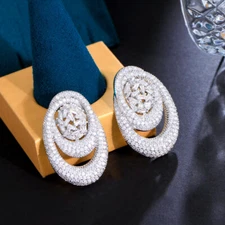 White Gold Plated Cubic Zirconia Bridal Costume Geometric Endless Round Earrings