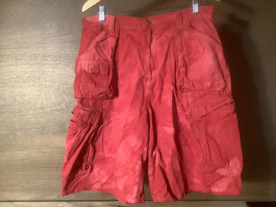 Pantalones Cortos Arizona Jeans Co Para Hombres TEÑIDOS DE ROJO Carga 6 Bolsillos Cierre de Cremallera Talla 36 Foto 2 de 4