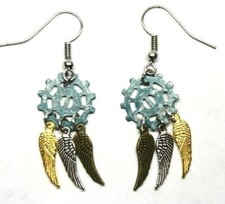 Steampunk Earrings Wings Gears Dangle Hooks Blue Metallic Punk Jewelry Handmade