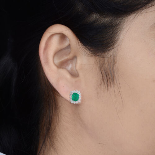3.93 TCW SI/H Diamond Zambian Emerald Halo Stud Earrings 14k White Gold Jewelry - Picture 3 of 8