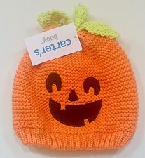 NWT Carter's Jack-o-Lantern Face Lined Orange Pumpkin Beanie Cap/Hat, 3-9 mos.