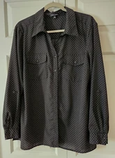 Notations XL Black White Tiny Polka Dots Breast Pockets Long Sleeve Blouse Top