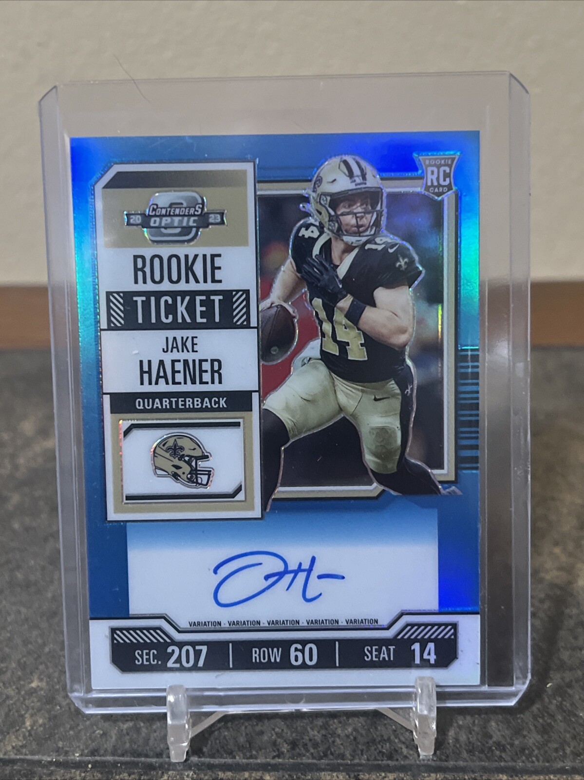 2023 Contenders Optic Blue Prizm Rookie Ticket Jake Haener Auto/75 Saints #113