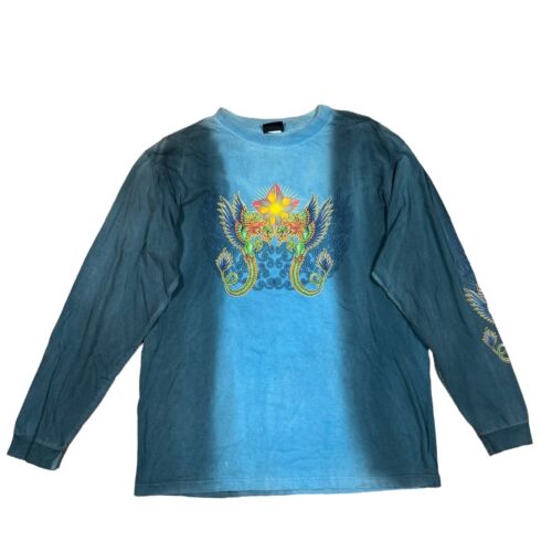VTG Extreme Limit Dragon Star Long Sleeve T-Shirt Pullover Tie Dye Ombre Blue