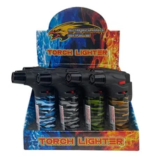 12 Pack Jumbo 4" Single Jet Flame Torch Gun Lighter Refillable Lockable Camo