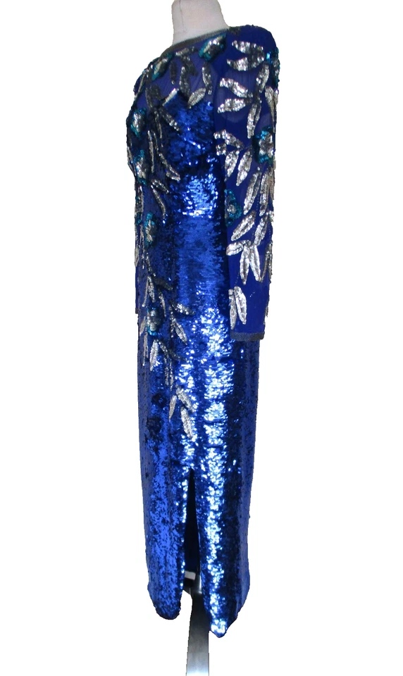 Maxi Vestido de Noche Vintage NiteLine Talla 8 Mujer Azul Plata Lentejuelas Seda Foto 3 de 4