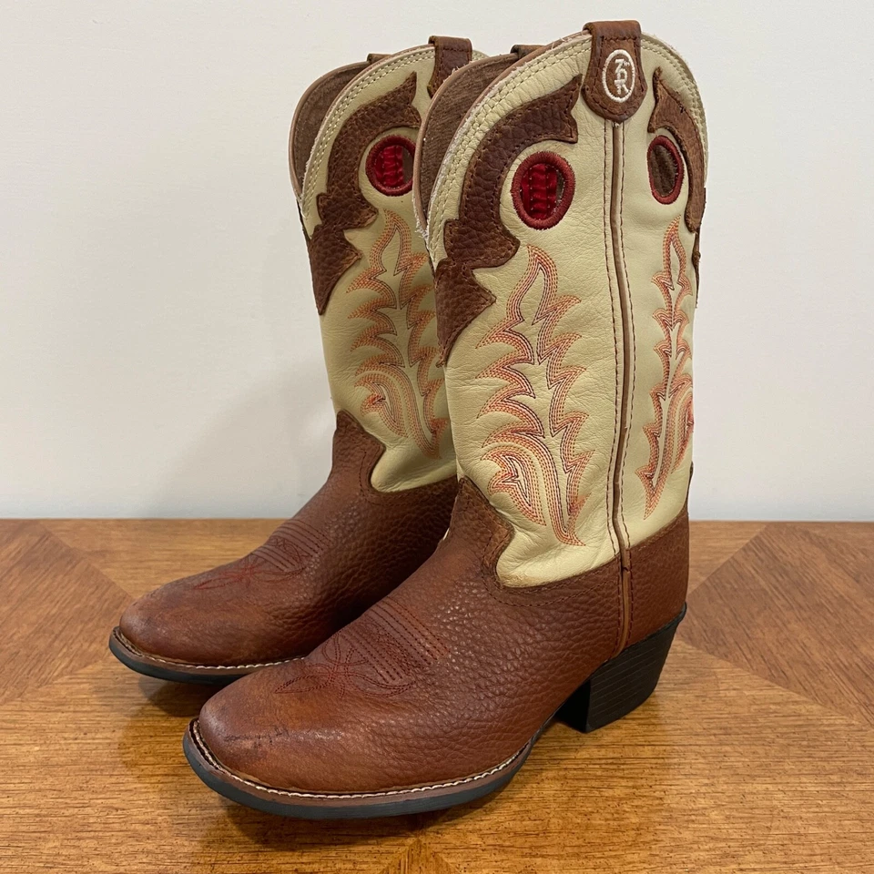 Tony Lama 儿童靴 2.5 D 棕褐色象牙色西部牛仔人造皮革 LL400 — 第 3/4 张图片