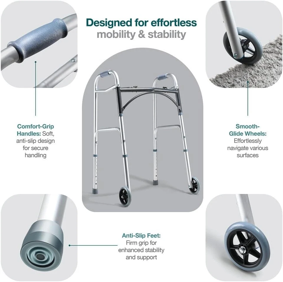 Andador Ligero Plegable con Ruedas, Soporta 350 Lbs, Altura Ajustable Foto 3 de 4