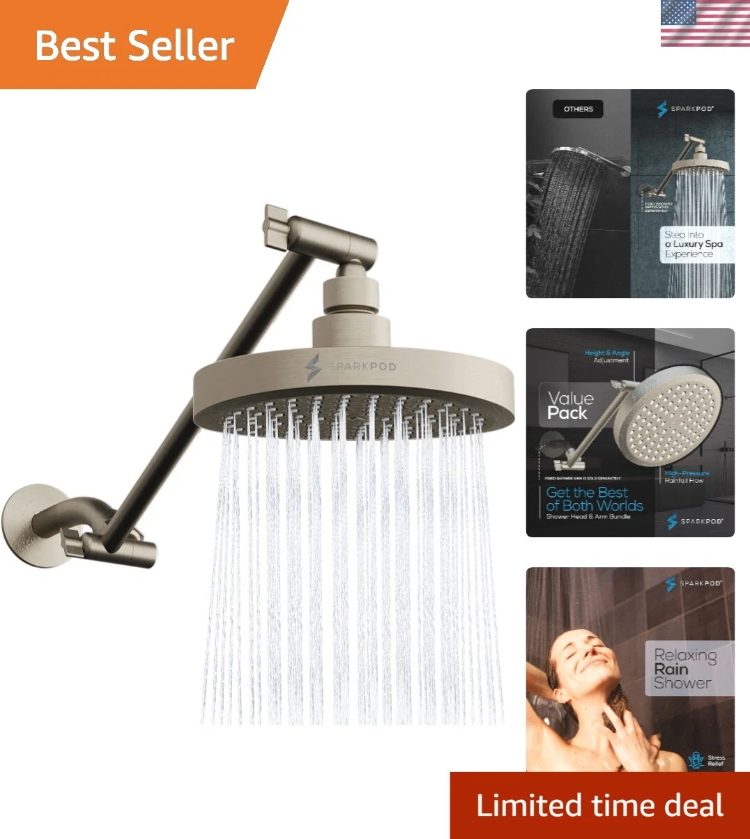 Premium Adjustable Rain Shower Head with Brushed Nickel Finish - Tool-Free Setup