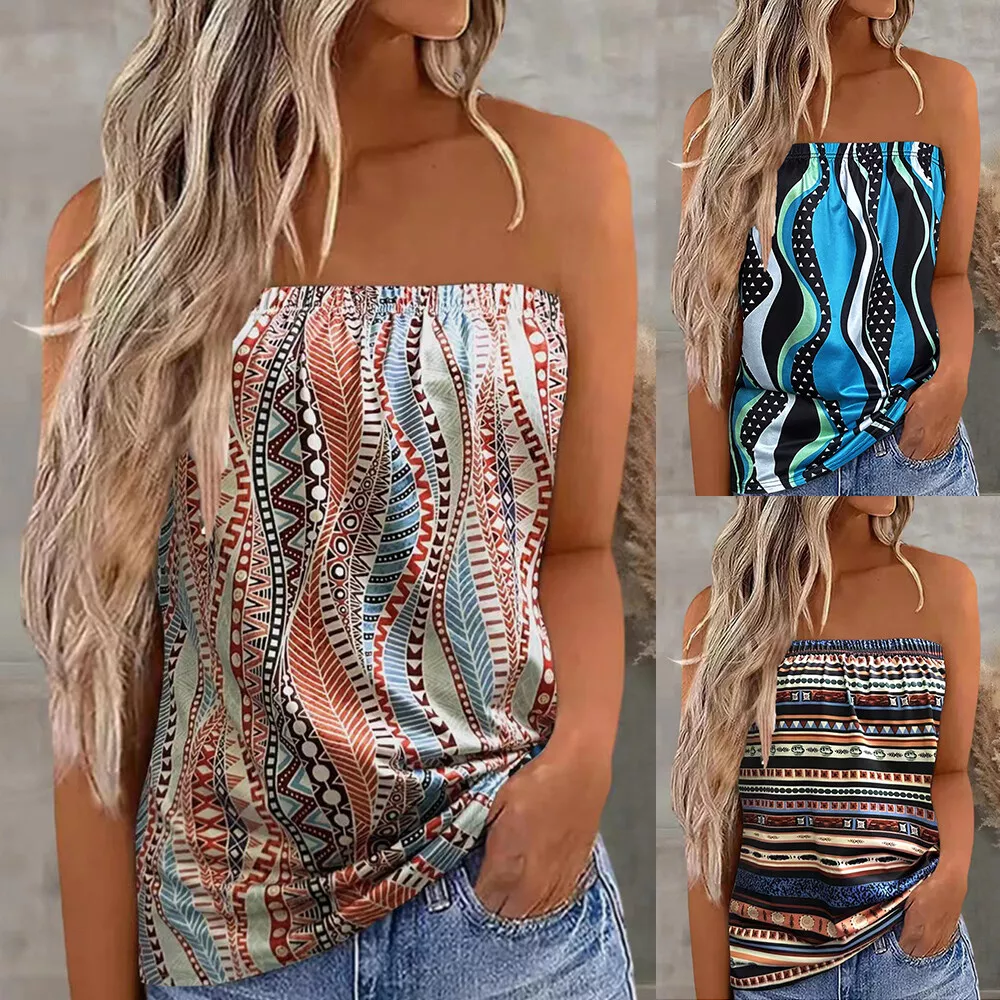 Women's Strapless Bandeau Boob Tube Tops Summer Beach Boho Blouse T Shirt  Top