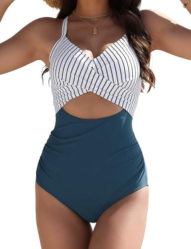 Women's One Piece Swimsuit Tummy Control Bathing Suits Sexy Large Blue Striped - Picture 2 of 7