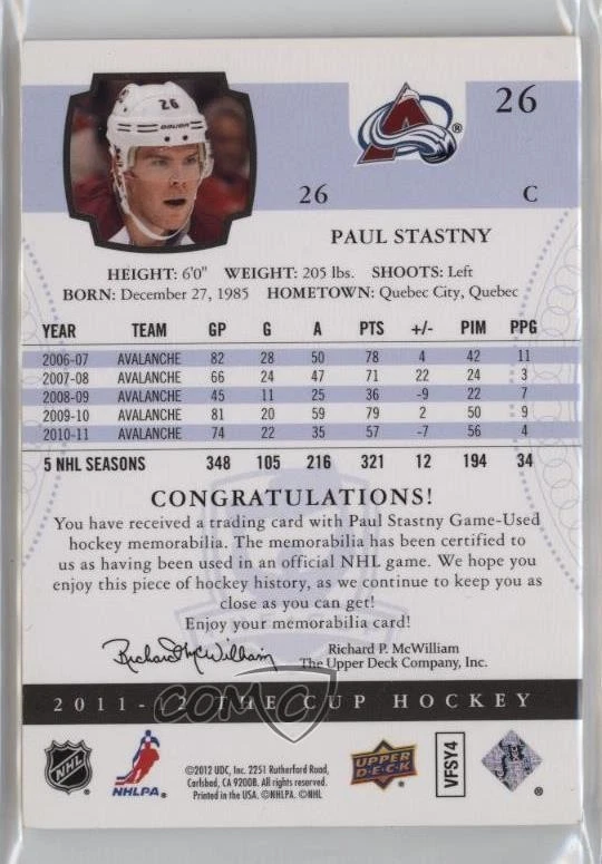 2011-12 Upper Deck The Cup Silver Jersey /25 Paul Stastny #26 - Image 2 of 2