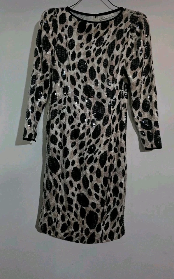 Vtg 80s Anne Crimmins For Umi Long Sleeve Dress Size 8 100% Silk Leapord Sequin - Image 2 of 4