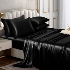 6 Piece Satin Set Queen Size Luxury Silky Soft Black Satin Queen Bed Set wi...