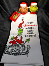 Grinch And Max Ceramic Salt and pepper Shaker Set Plus Kitchen Towel NEW