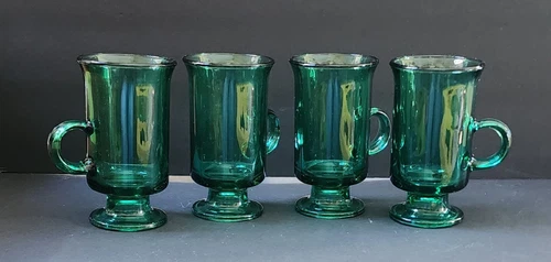 Set Of 4 Anchor Hocking Green Glass Irish Coffee/Latte Pedestal Mugs