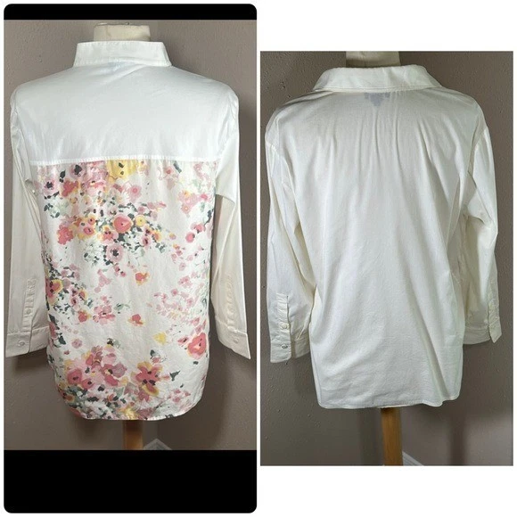 Lote de 2 blusas tops abotonadas talla mediana florales crema blanco lino seda Foto 2 de 4
