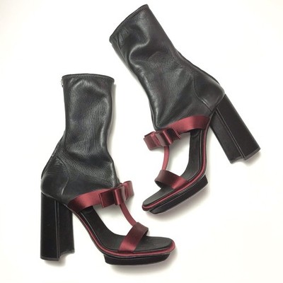 NEW Prada SS13 Red Satin Bow Cutout Black Leather High Block Heel Boots Size 37