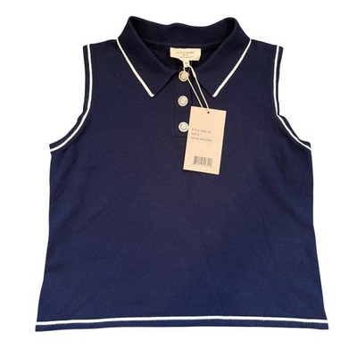 La Vila Milano Womens Navy Blue Knit Sleeveless Polo Top Silver Crest Buttons S