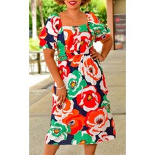 Bright Colorful Floral Midi Dress Size Large New W/tags Puff Sleeve Linen Blend