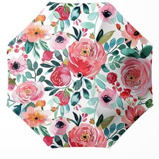 Pink Watercolor Flowers Small Travel Automatic Floral Folding Umbrella for Gi...