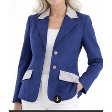 MONTGOMERY WARD Vtg 90s Women's Blue w/Plaid Pockets Collar Coat Blazer SMALL