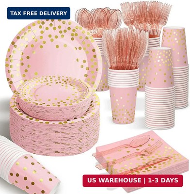 AIRE 175PCS Pink Rose Gold Plates Party Supplies Severs 25 Guests Disposable Par