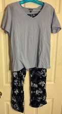 Splendid 2 pc Set Pajamas Light Blue Top Dark Blue Floral Long Pant Bottom Small