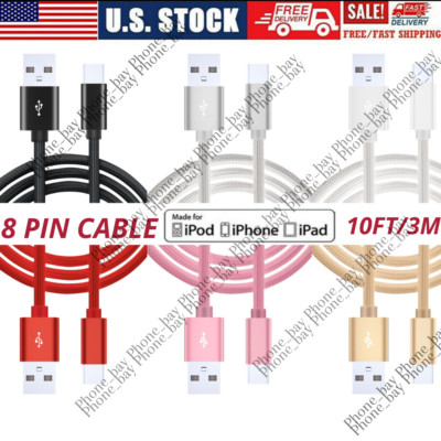USB Fast Charger Cable 10FT Heavy Duty Charging Data Cord For iPhone 14 13 12 11