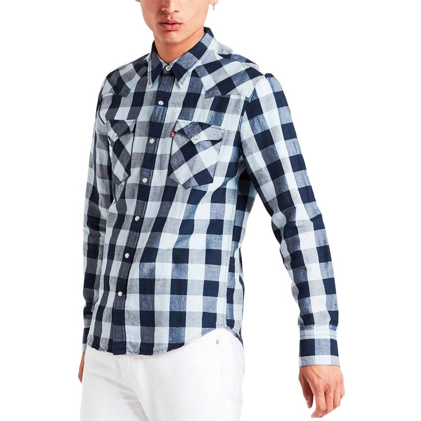 LEVIS MEDIUM BARSTOW NAVY SKY BLUE CHECK LINEN COTTON WESTERN SLIM FIT SHIRT