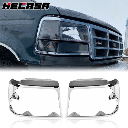 HECASA Chrome Headlights Trim Bezel Pair For 1992-1996 Ford Bronco F150 Pickup